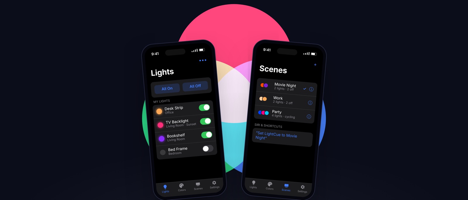 Two iPhones running lightcue: a Lights screen with Desk Strip, TV Backlight and Bookshelf toggles, and a Scenes screen with Movie Night, Work and Party